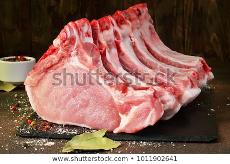 Stockfoto: Fresh Raw Pork Tenderloin Chopped Meat On Dark Wooden Rustic Background Top View