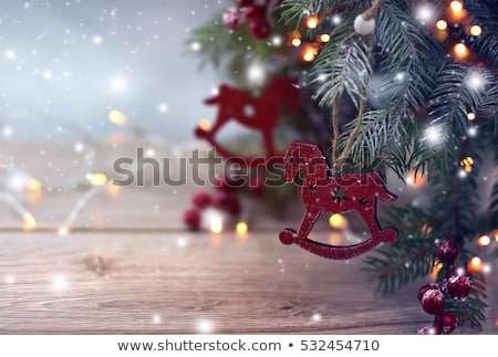 Foto stock: Christmas Composition With Wooden Toy Rocking Horse