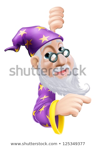 Stock photo: Wizard Cartoon Peeking Round Sign Pointing