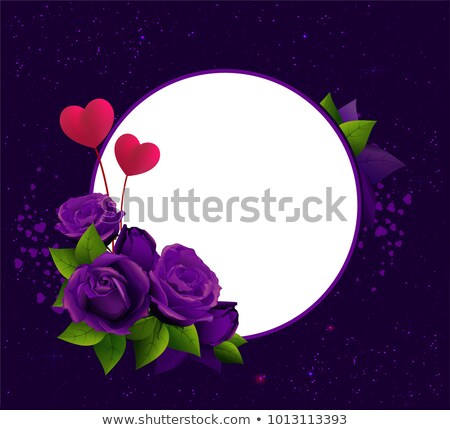 Stok fotoğraf: Purple Roses And Two Heart Shape Symbol Love Frame Template Greeting Card