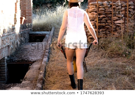 Stock fotó: Farmer Carry Wheelbarrow With Grass Work On Field