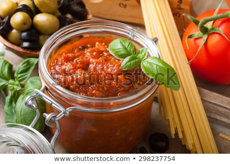 Stockfoto: Glass Jar With Homemade Classic Spicy Tomato Pasta Or Pizza Sauce