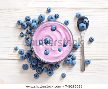 Foto stock: Fresh Hommemade Creamy Blueberry Yoghurt With Fresh Blueberries In Vintage Wooden Box And Silver Spo