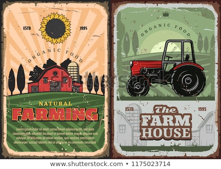 Foto stock: Farmhouse With Farmers And Machinery Barn Yard