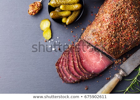 Zdjęcia stock: Beef Pastrami Sliced Roasted Beef Slow Cooking Marinated In Olive Oils Eggplants On Wooden Board