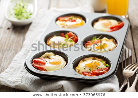 Stok fotoğraf: Food On Table Bacon And Eggs On A Plate With Healthy Vegetables Coffee On The Table Next To A Plat