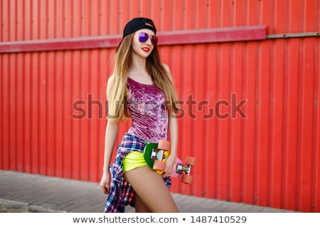Stock fotó: Red Haired Teenage Girl With Short Skateboard