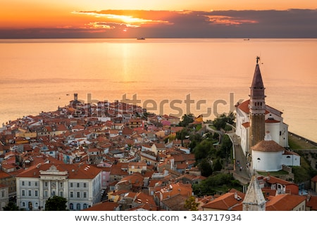 Stock fotó: Sunset Over Adriatic Sea And Old Town Of Piran Slovenia