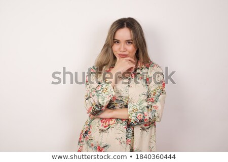 Stockfoto: Cheerful Blonde Haired Model With Red Lips Smiling At Camera