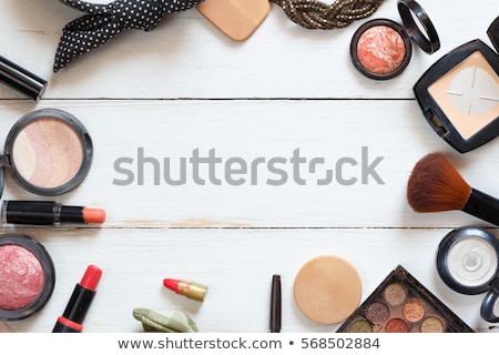 Zdjęcia stock: Eyeshadow Palette And Make Up Brush On Pink Background Eye Shad