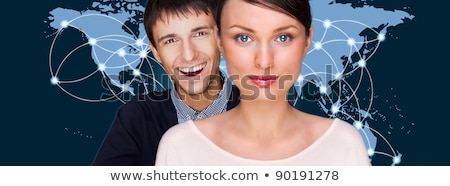 Foto d'archivio: Handsome Friendly Couple In Futuristic Interface Standing In Fro