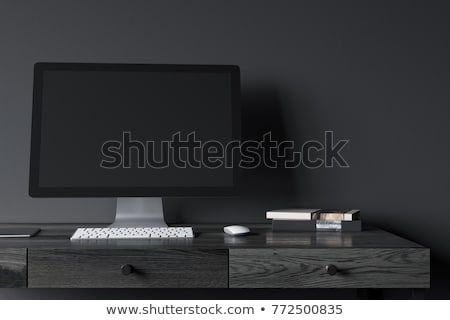 Stockfoto: Modern Computer On The Black Wooden Table 3d Rendering