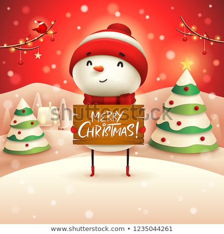 Stok fotoğraf: Merry Christmas Cheerful Snowman Holds Wooden Board Sign In Chr