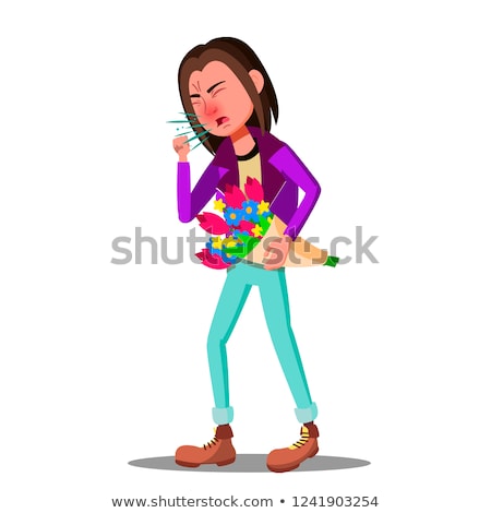 Stok fotoğraf: Allergic Sneezing Girl With A Flowers Vector Isolated Cartoon Illustration