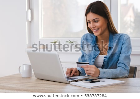 Stok fotoğraf: Woman Sit On Credit Card Shopping Online Payment