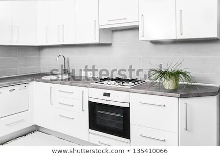 Foto stock: Etalhe · da · arquitetura · moderna · do · forno · branco · da · cozinha