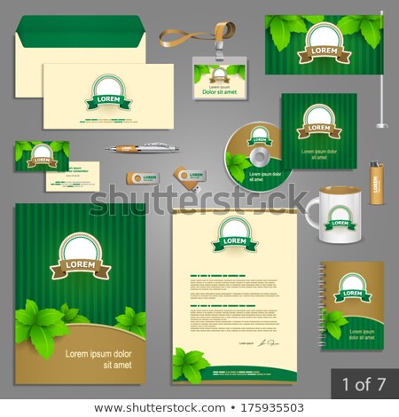 Stockfoto: Corporate Identity Template Stationery With Green Foliage On Vintage Brown Wooden Board Mock Up Fo
