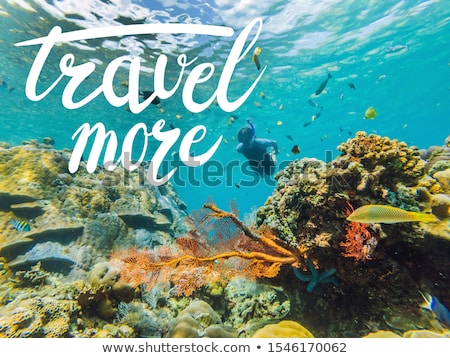 Foto d'archivio: Travel More Concept Happy Man In Snorkeling Mask Dive Underwater With Tropical Fishes In Coral Reef