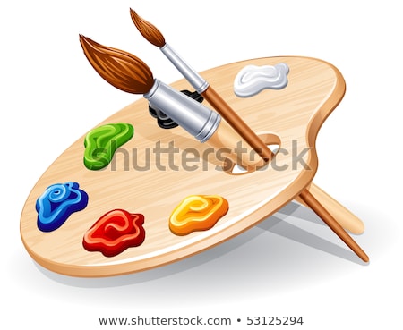 ストックフォト: Wooden Art Palette With Blobs Of Paint And A Brush On White Back