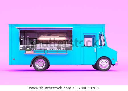 [[stock_photo]]: Pink Fast Food Truck On Light Blue Background Template With Copy Space Clipping Path