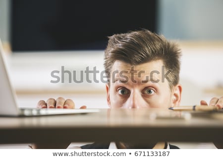 Stockfoto: Businessman Scared Under Table Frightened Business Man Under Wo