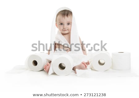 Foto d'archivio: Toddler Ripping Up Toilet Paper In Bathroom Studio