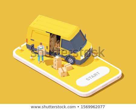 Zdjęcia stock: Vector Isometric Courier With Parcels And Delivery Van