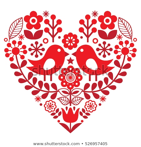 Folk Heart Vector Pattern With Flowers And Birds - Valentines Day Wedding Birthday Greeting Card Zdjęcia stock © RedKoala