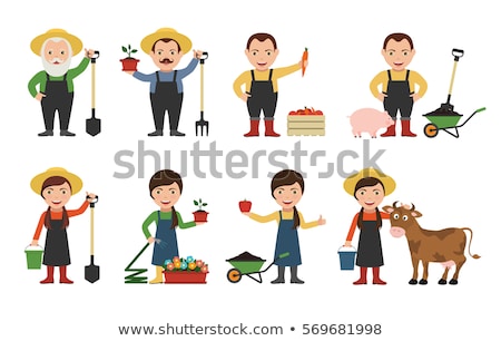 Stock fotó: Farmer With Rakes And Can Vector Illustration