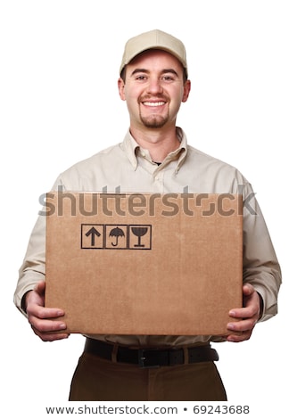 [[stock_photo]]: Young Male Courier With Box Isolated On White