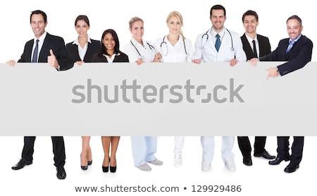 Stockfoto: Teachers Presenting Empty Horizontal Banner