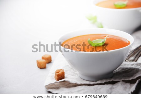 Stockfoto: Homemade Tomato Soup Or Gazpacho Over Concrete Background