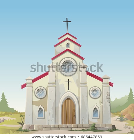 [[stock_photo]]: Poster In Wild West Style Old Made Of Stone Catholic Church In The Night Vintage Architecture In S