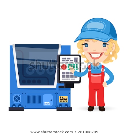 Foto stock: Female Factory Worker Is Setting Up Cnc Machine