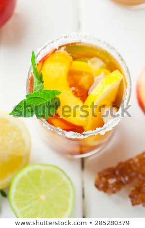 Сток-фото: Fresh Peaches With Mint On Wooden White Background Top View Fl