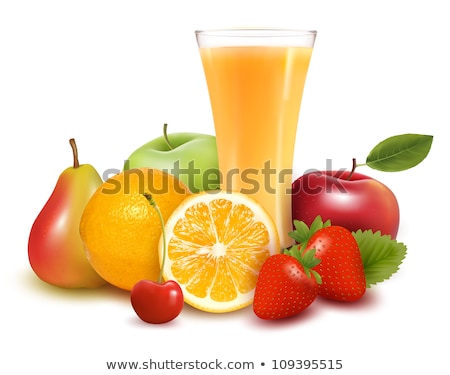 Foto stock: Glass Juice And Two Ripe Juicy Cherries With Green Leaf