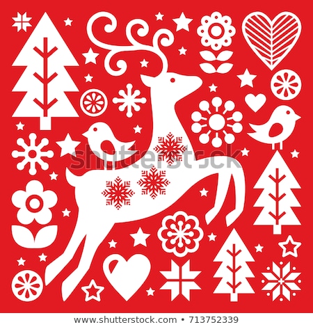 Christmas White Scandinavian Folk Art On Red Reindeer Birds And Flowers Decoration Or Greetings Ca Zdjęcia stock © RedKoala