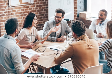 Foto d'archivio: Business People Work Together In Office Concept Of Teamwork And Partnership Double Exposure