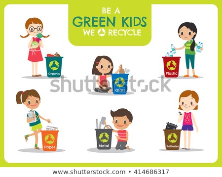 Foto stock: Young Girl Recycling Plastic Bottles And Batteries