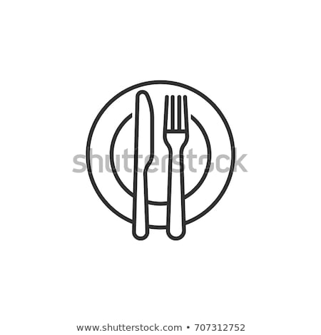 [[stock_photo]]: Plate Fork And Spoon Vector Sign Thin Line Icon