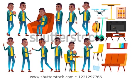 Сток-фото: Boy Schoolboy Kid Poses Set Vector Black Afro American High School Child Child Pupil University