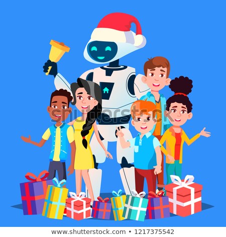 Stockfoto: Robot In Santa Claus Hat And Gifts With Children Ringing The Bell Vector Isolated Illustration