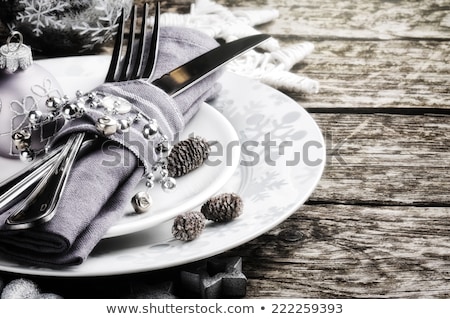 Stok fotoğraf: Holiday Table Setting With Purple Napkin And Silver Cutlery Foo