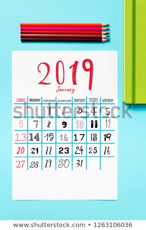 Stockfoto: Calendar Of 2019 Pencil Crayons And Notepad
