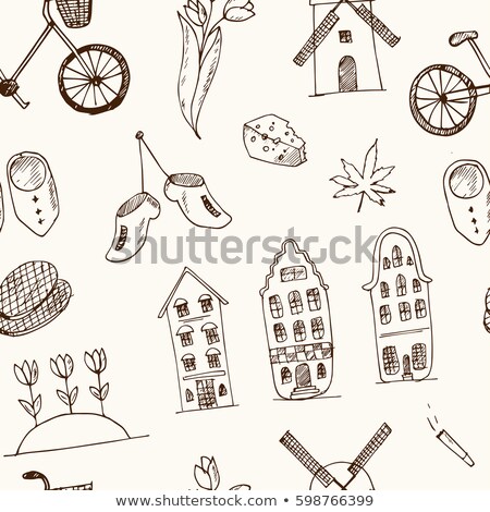 Foto stock: Sketch Tulip And Windmill Vector Seamless Pattern