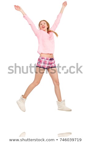 Foto stock: Young Woman In Pink Plaid Shorts Isolated On White