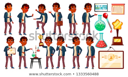 Zdjęcia stock: Indian Boy Schoolboy Kid Poses Set Vector High School Child Teenage Book Workspace Board For W