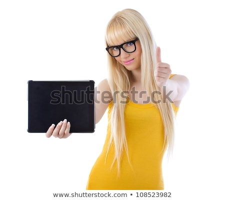 Stockfoto: Casual Woman With Tablet Shows Victory