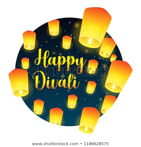 Foto stock: Lettering Congratulation Happy Divali With Paper Lanterns
