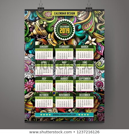 Stok fotoğraf: Cartoon Colorful Hand Drawn Doodles India 2019 Year Calendar Template